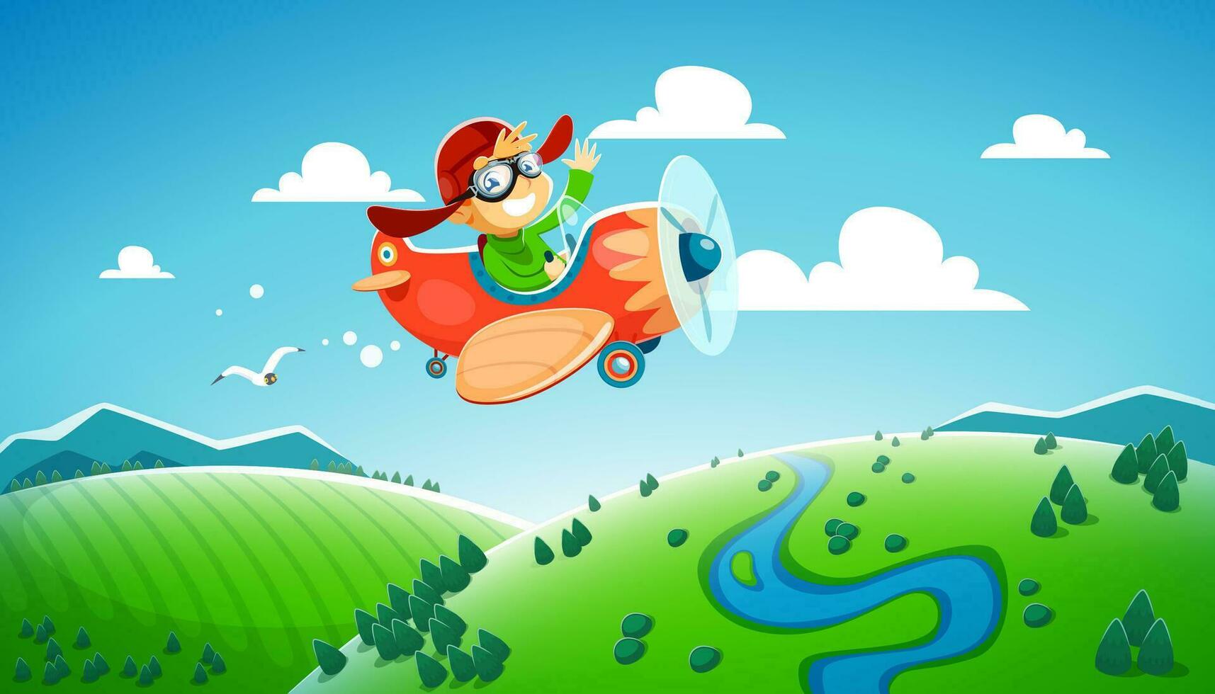 Cartoon kid boy pilot flying on plane or airplane vector