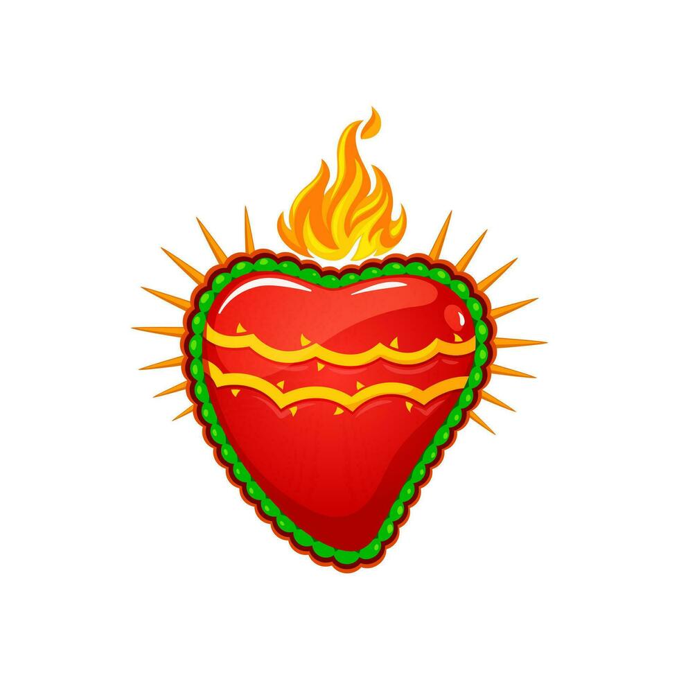 Mexican sacred heart, burning flames and rays vector