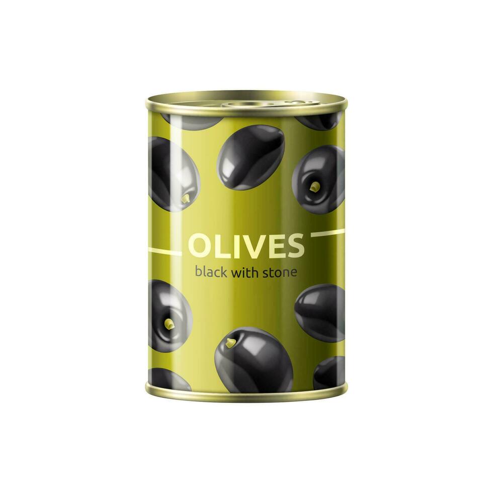 Realistic black olive can, 3d vector container