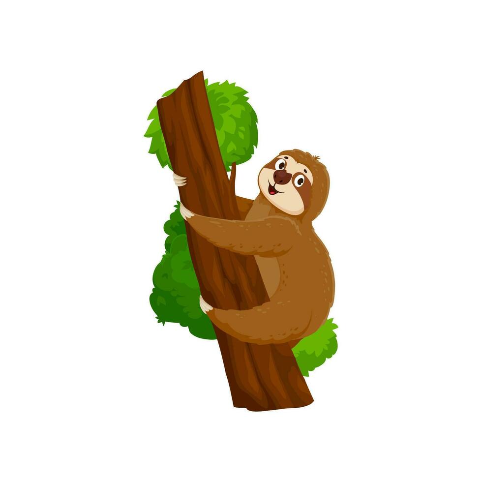 Cartoon funny sloth character climbing on tree vector