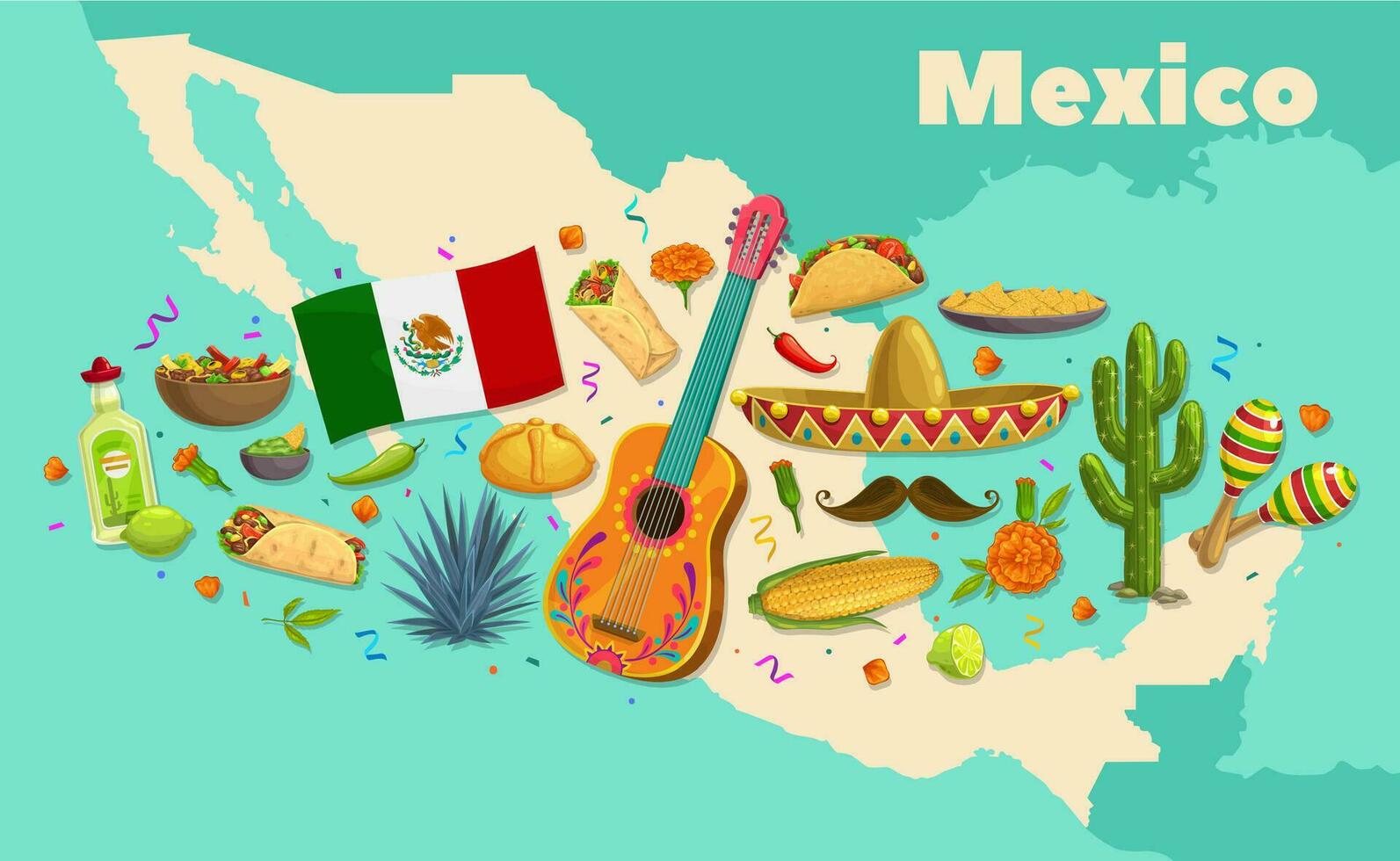 mexico mapa con bandera, comida y musical instrumentos vector