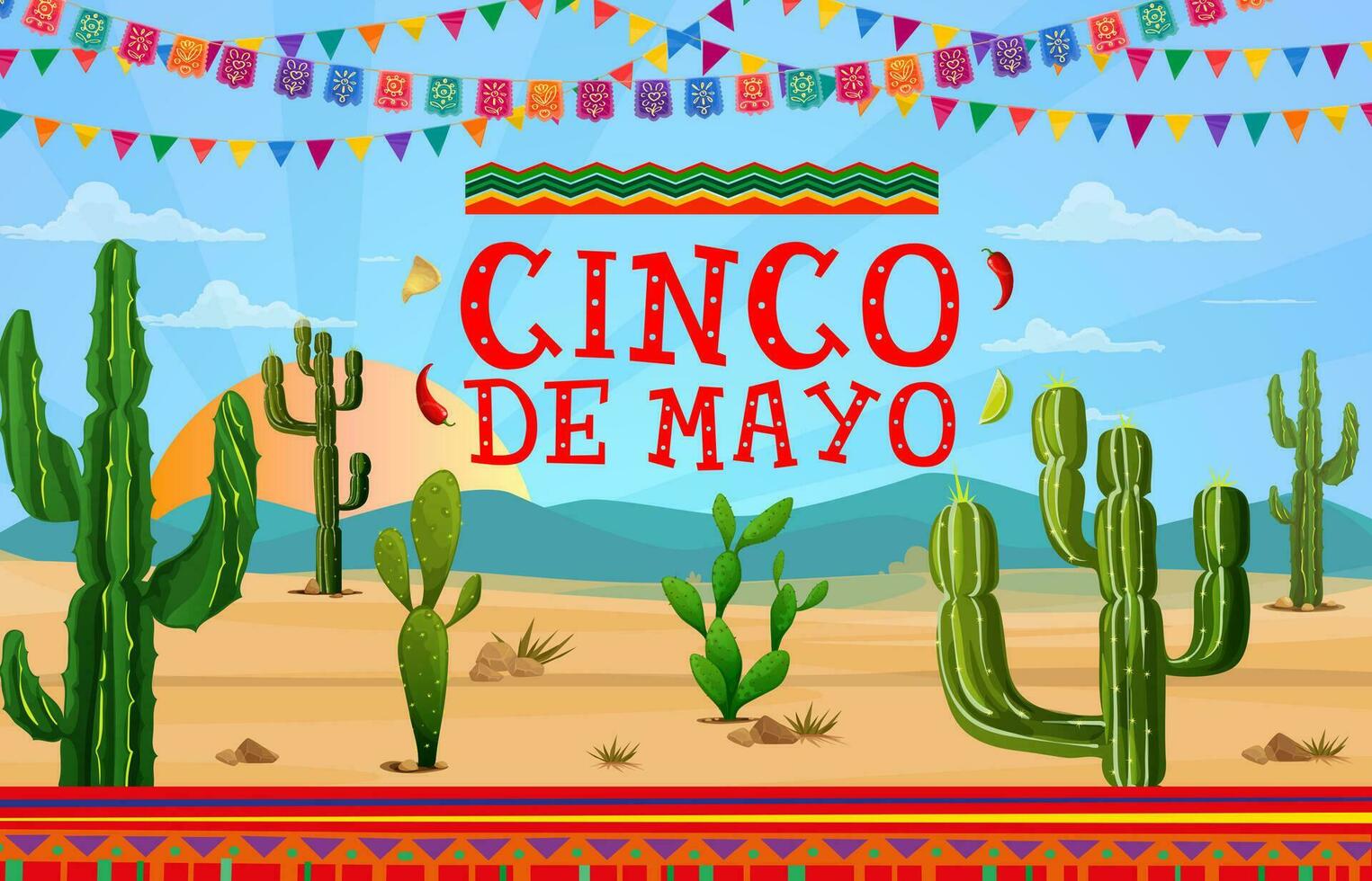 cinco Delaware mayonesa fiesta bandera con mexicano Desierto vector