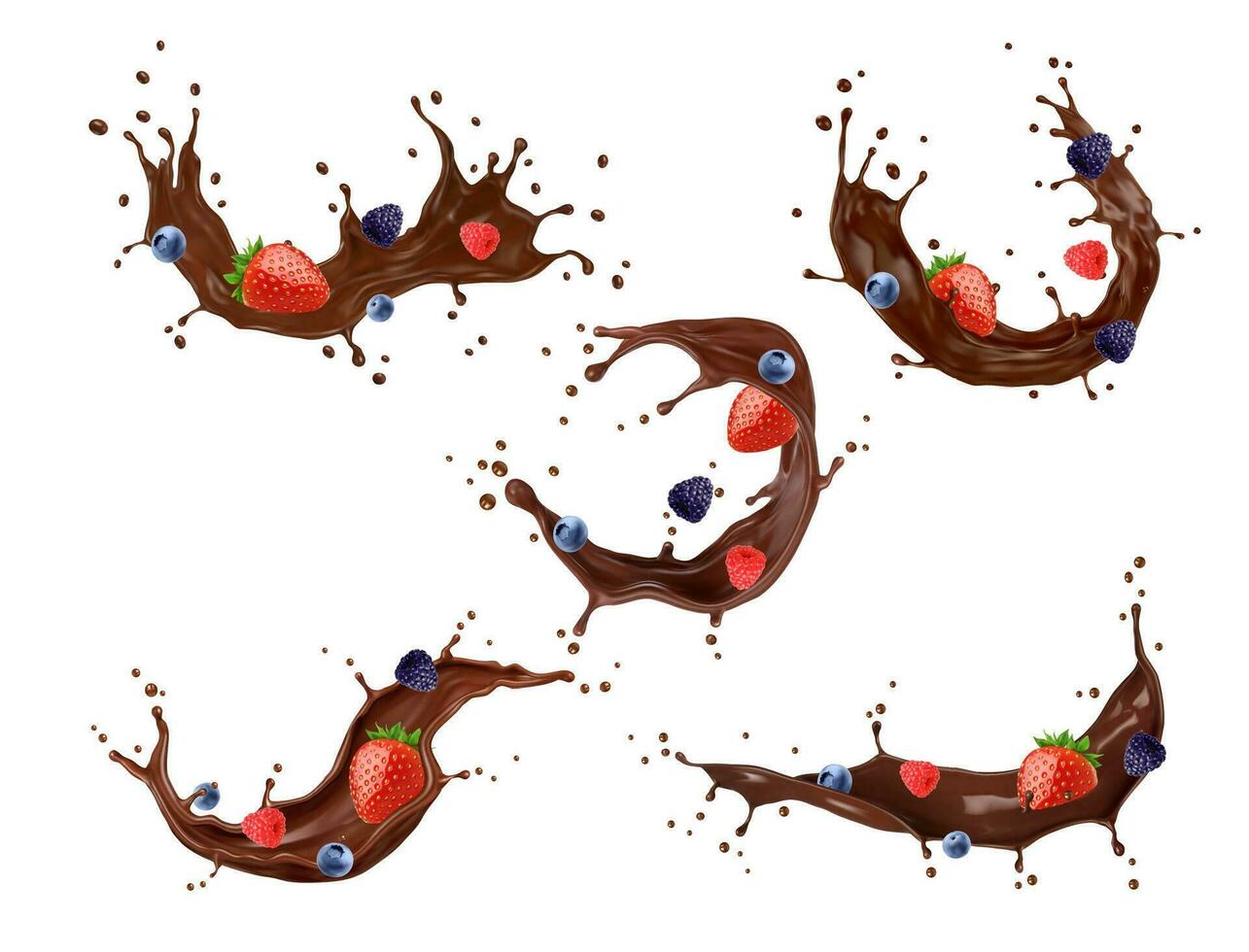 Chocolate cream, milk drink swirl splash, berries vector