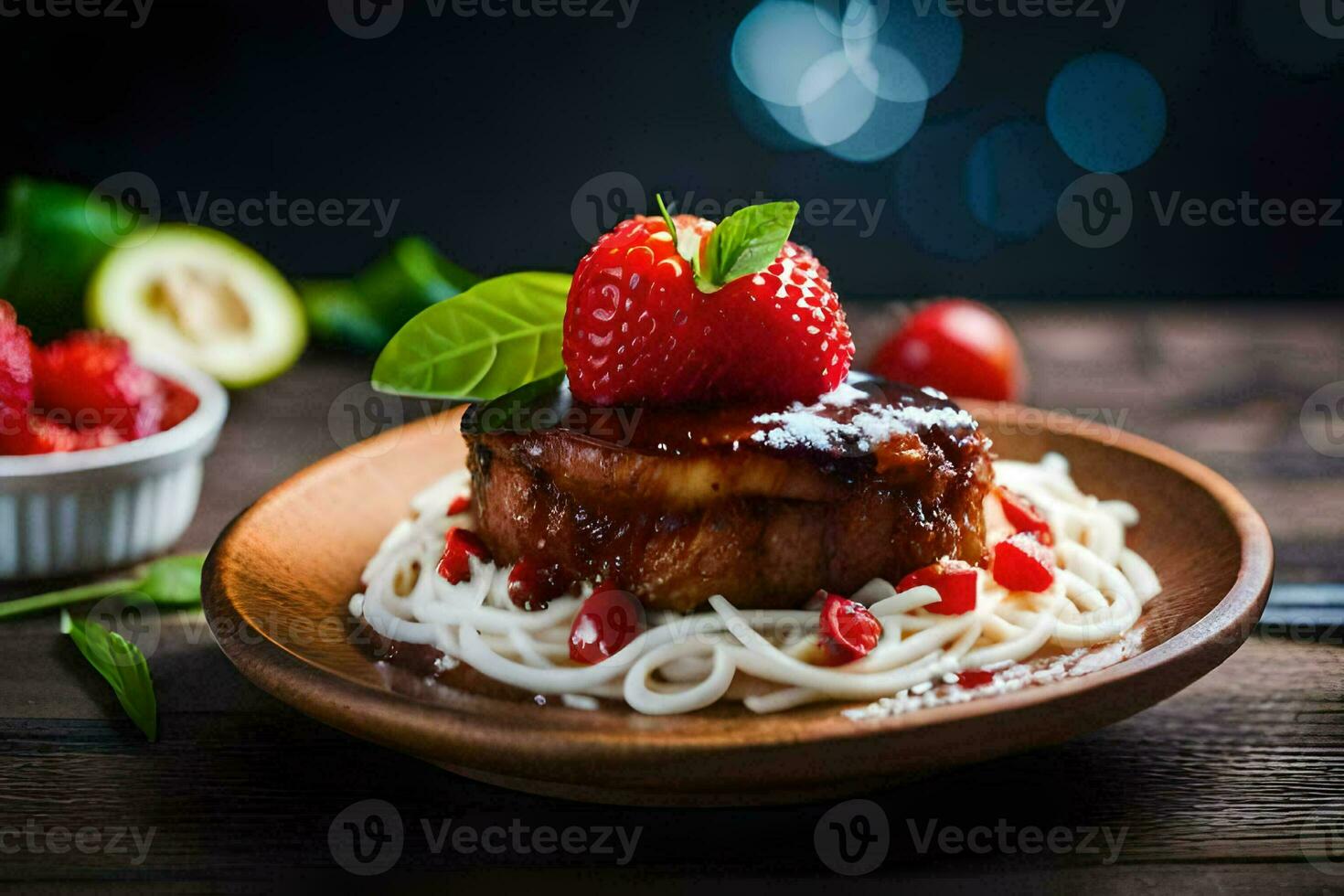 AI generated a plate with spaghetti and strawberries on it photo