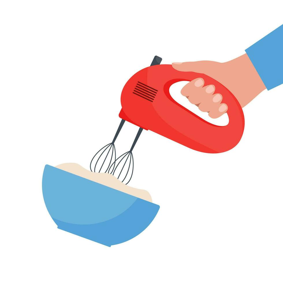 Electric food mixer in hand. Mixer, bowl, dough. Preparing ingredients for healthy cooking. Vector illustration.