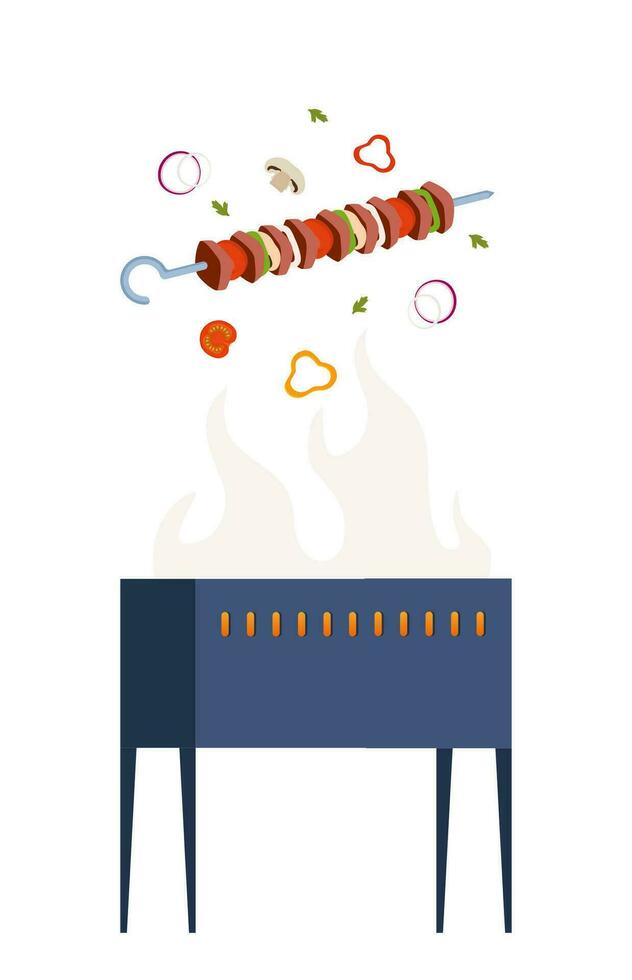 Kebab, shashlik, grilled on skewer, food meat. Cooking Meat Shashlik on Fire BBQ outdoor. Shish kebab with slice onions, pepper, and tomato. Vector illustration.