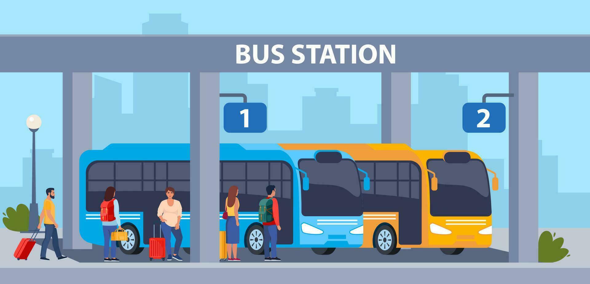 People on auto station. Man, woman standing near transport, waiting for passenger boarding. Citizen, urban infrastructure concept. Vector illustration.