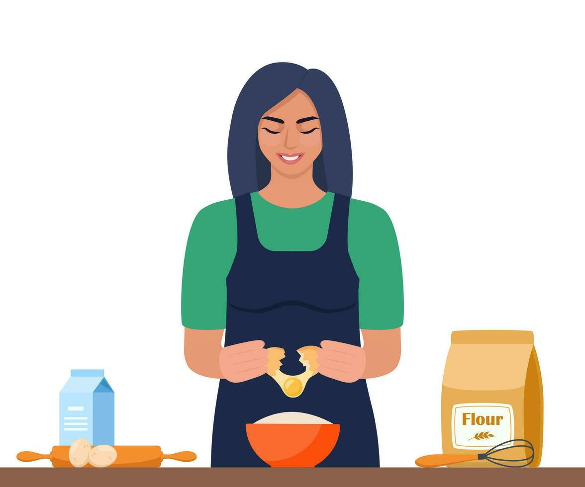 Kitchen cooking. Woman cooks an omelet for breakfast. Smiling girl in the kitchen. Flat vector illustration.