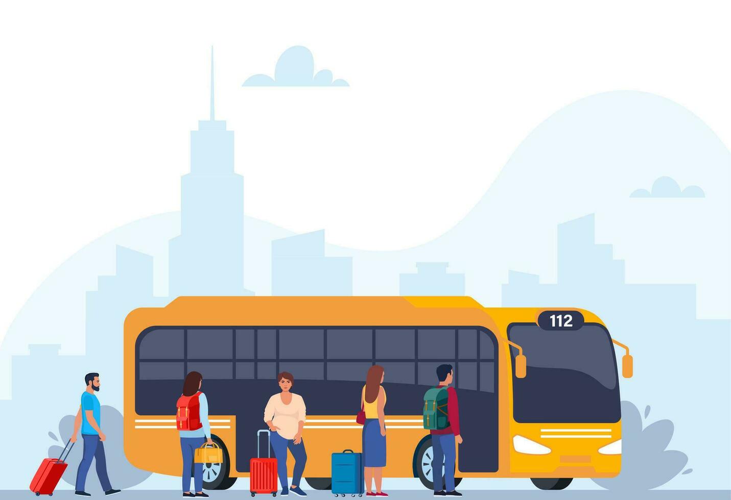 People on auto station. Man, woman standing near transport, waiting for passenger boarding. Citizen, urban infrastructure concept. Vector illustration.