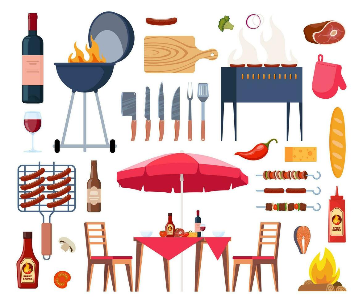 Barbecue equipment, outdoor BBQ picnic elements. Grilled sausages, meat, vegetables, drinks, and food for the summer grill party. Cooking tools and meat. Vector illustration.