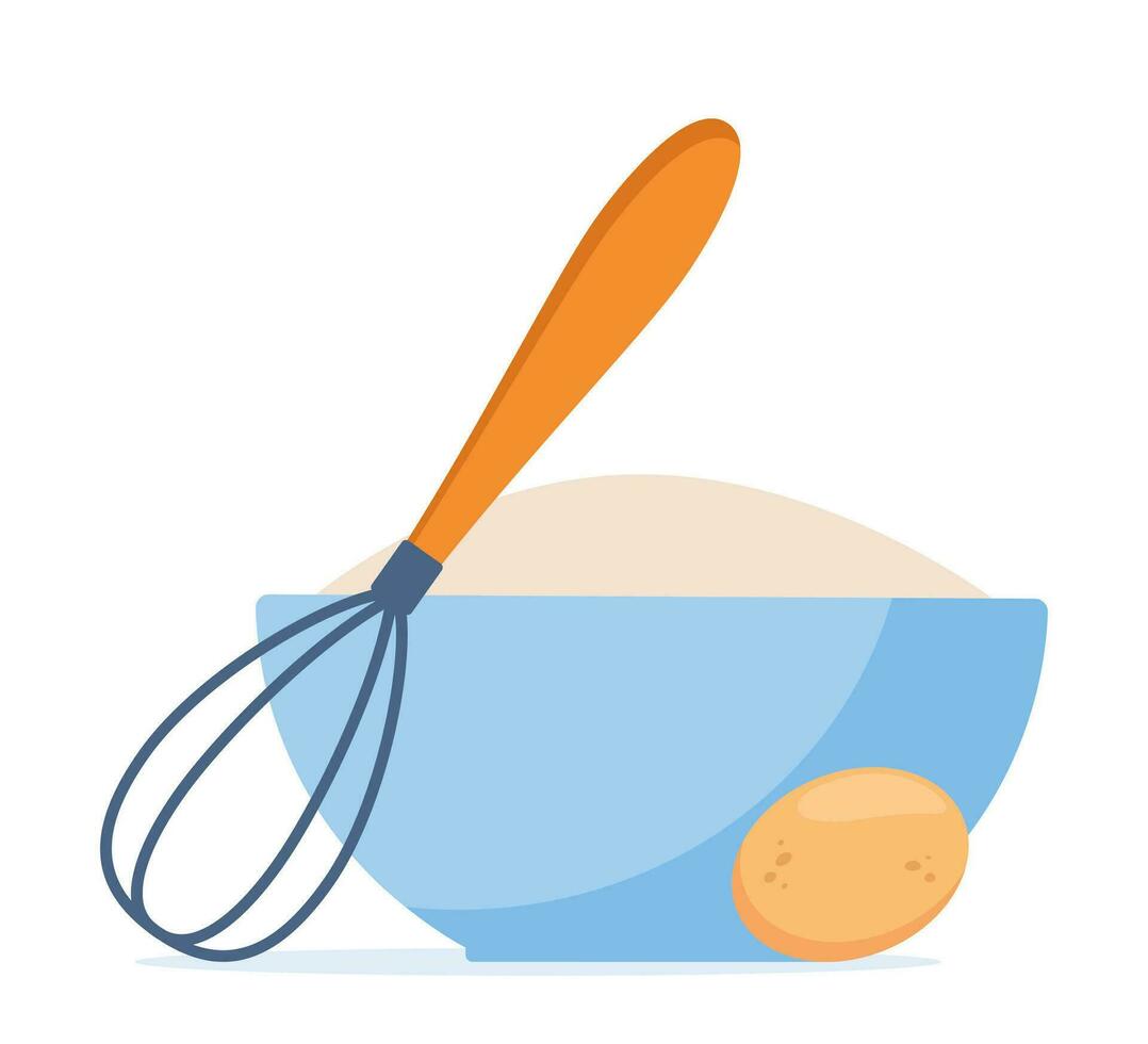 Whisk, bowl and egg. All for making an omelet. Preparing ingredients for healthy cooking. Vector illustration.