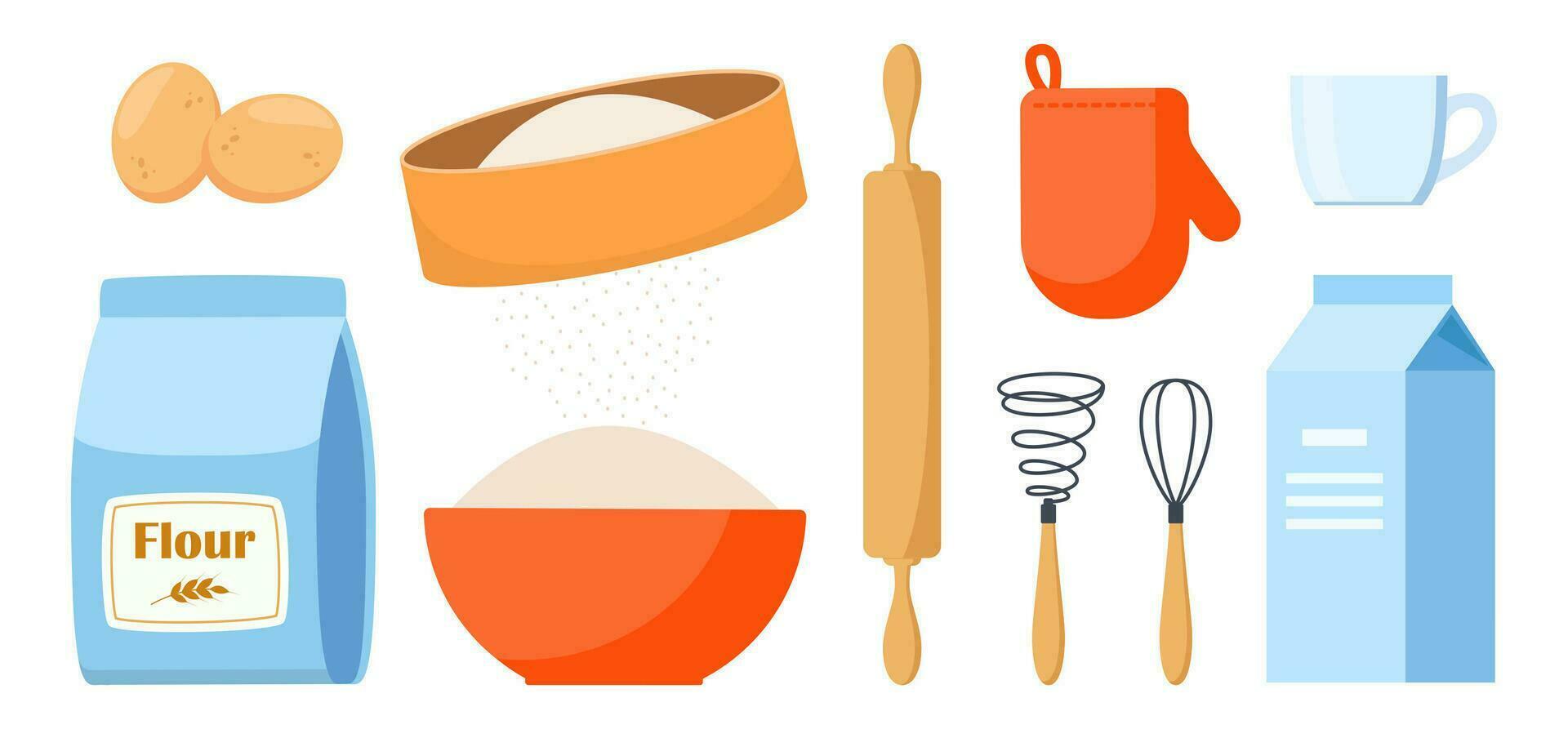 Pastry making equipment and ingredients. Baking tools set. Delicious baking. Vector illustration.