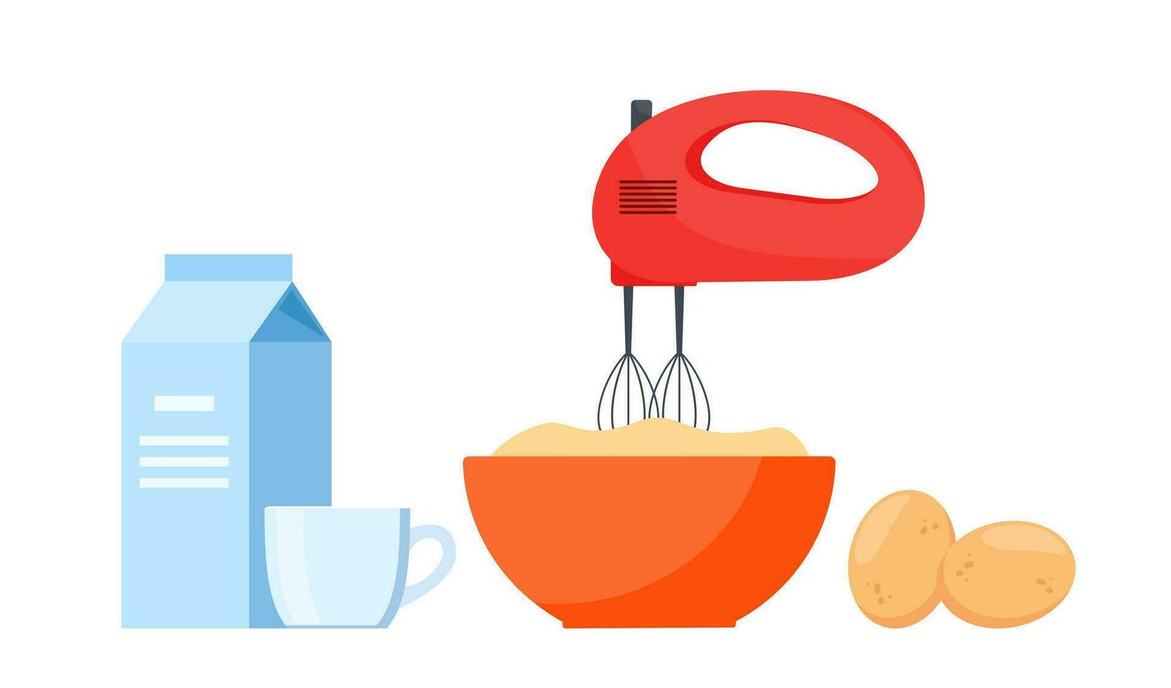 Mixer, bowl, milk and eggs. All for making an omelet. Preparing ingredients for healthy cooking. Vector illustration.