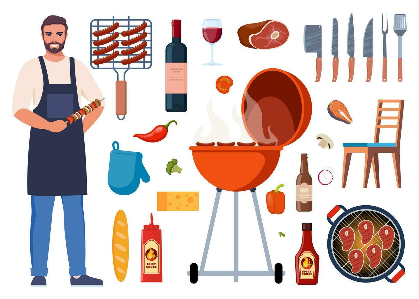 Barbecue equipment, outdoor BBQ picnic elements. Grilled sausages, meat, vegetables, drinks, and food for the summer grill party. Cooking tools and meat. Vector illustration.