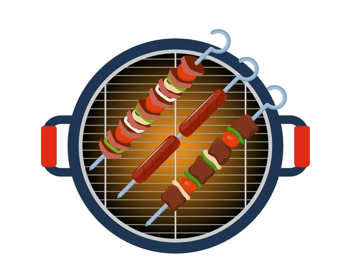 Round barbeque grill, BBQ icon, device for grilling food. Kebab, shashlik, grilled on skewer, food meat. Shish kebab with slice onions, pepper, and tomato. Top view. Vector illustration.