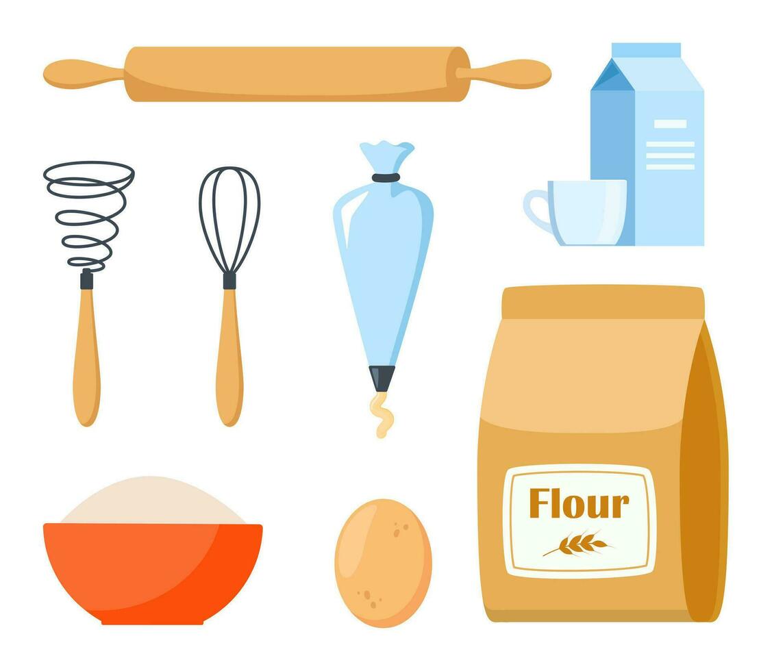 Pastry making equipment and ingredients. Baking tools set. Delicious baking. Vector illustration.