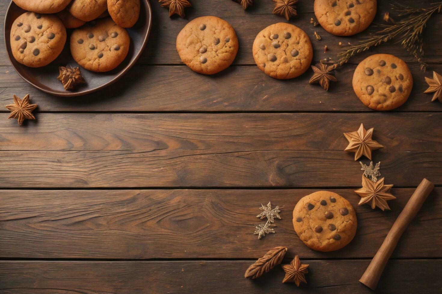 AI generated biscuits chip cookies on wooden background. photo