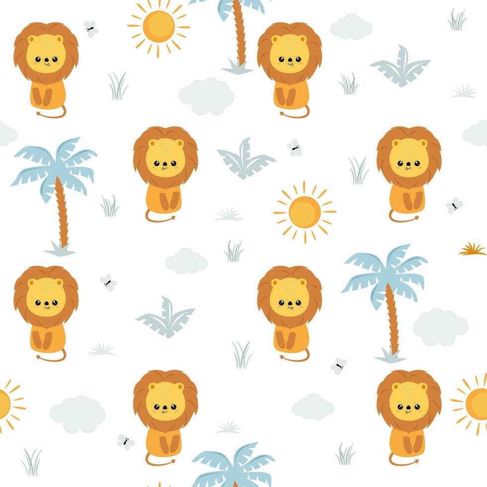 Seamless pattern with cute character lion, palm tree and butterfly. Cute vector illustration for kids.