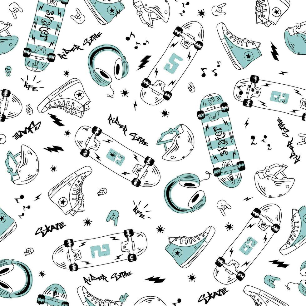 Skateboarding elements seamless pattern. Seamless pattern with skate and music. vector