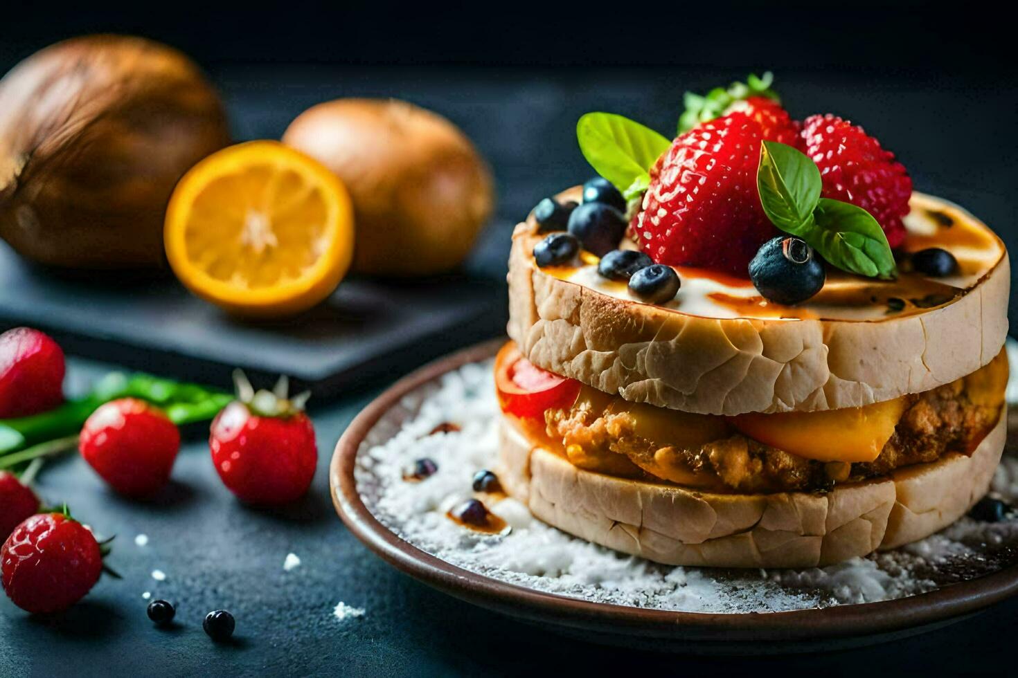 a stack of pancakes with strawberries and blueberries. AI-Generated photo