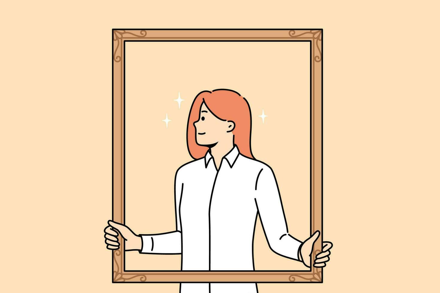 Proud woman poses for portrait looking to side, wanting to get on board with best employees vector