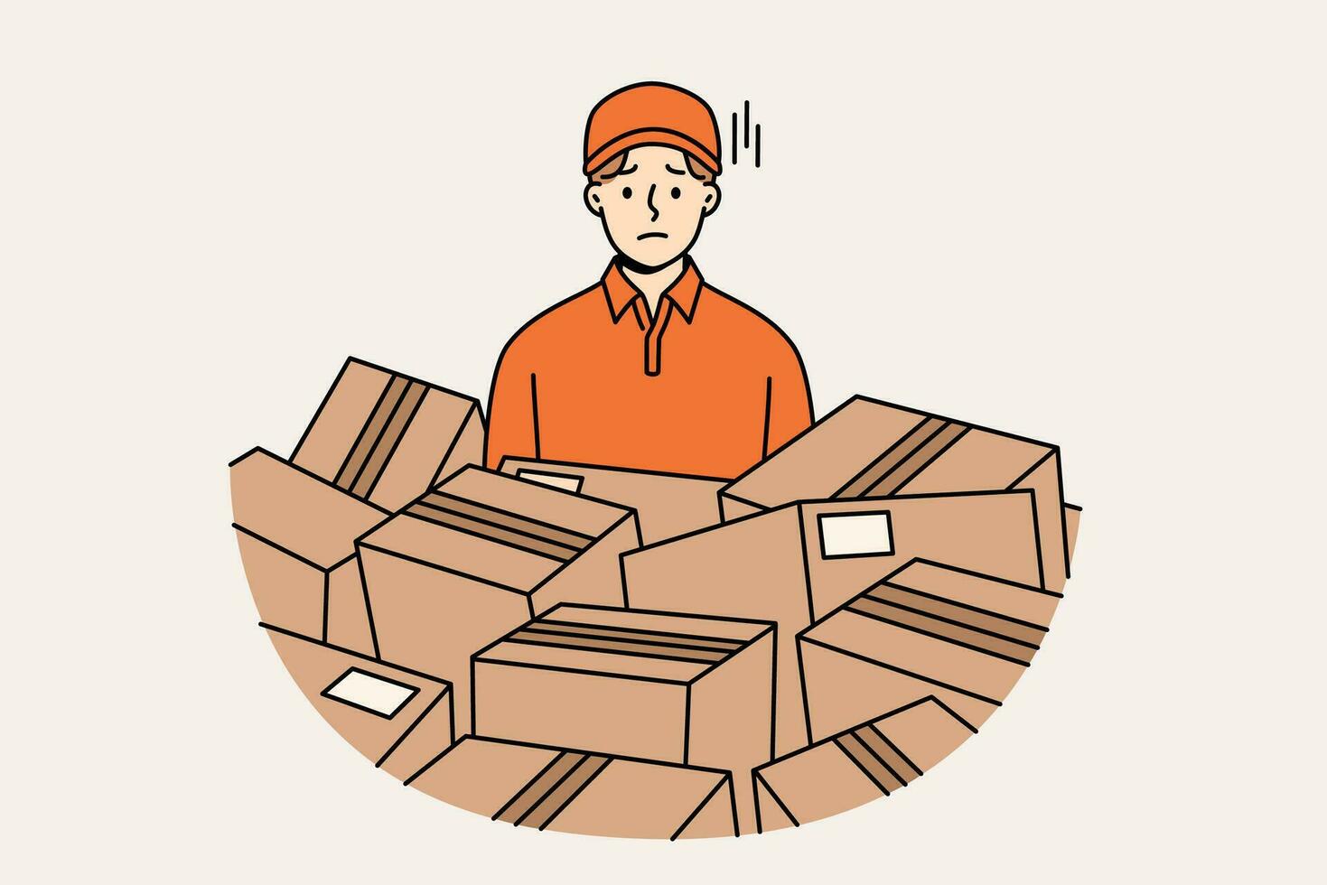 Sad man courier stands among scattered cardboard boxes, suffering from overload. vector