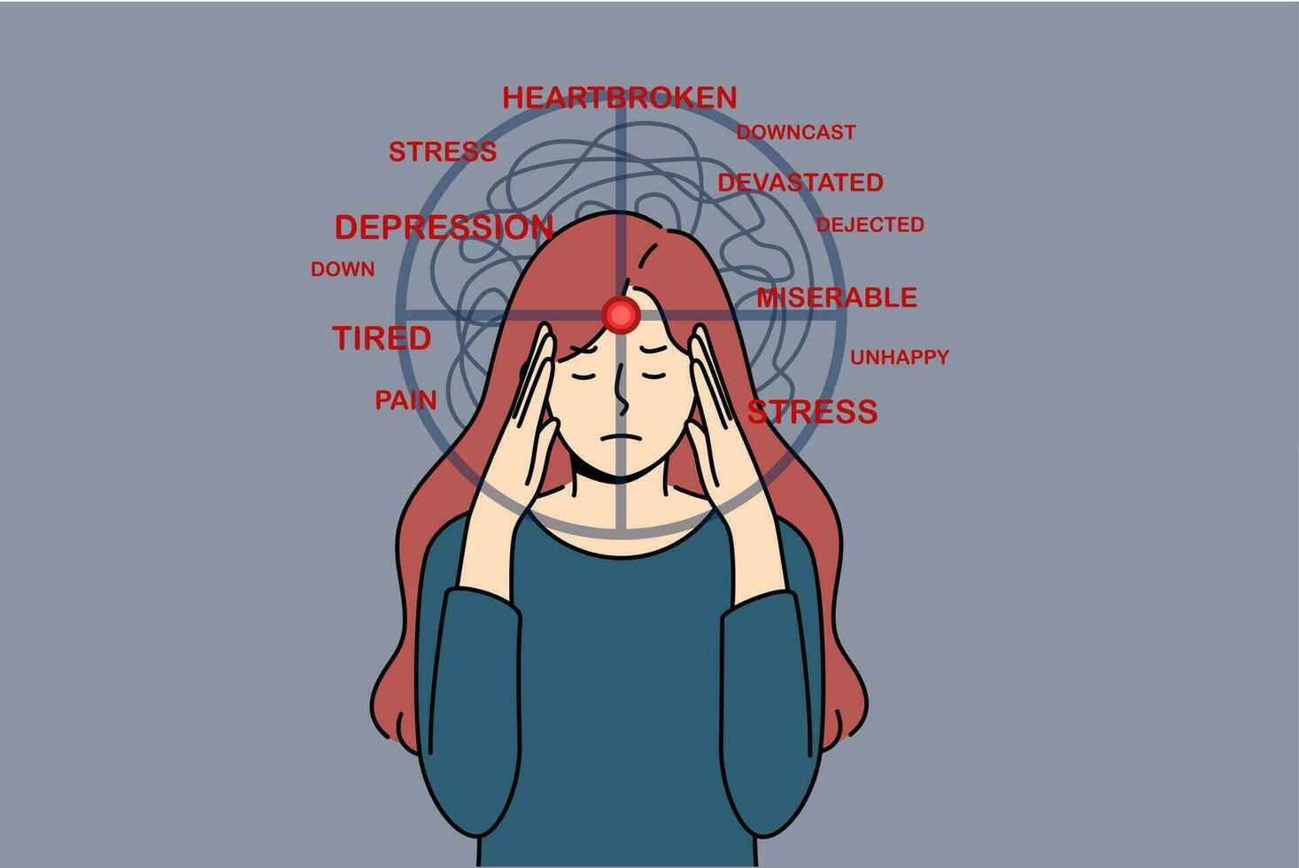 Deprimido mujer experimentando estrés y sufrimiento, agarrando cabeza con objetivo desde pistola vector