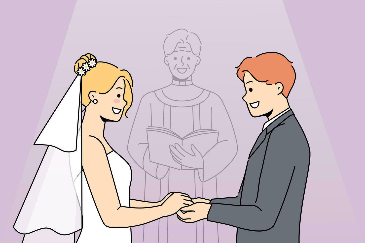 Marriage ceremony of man and woman holding hands, standing near altar with candlestick vector