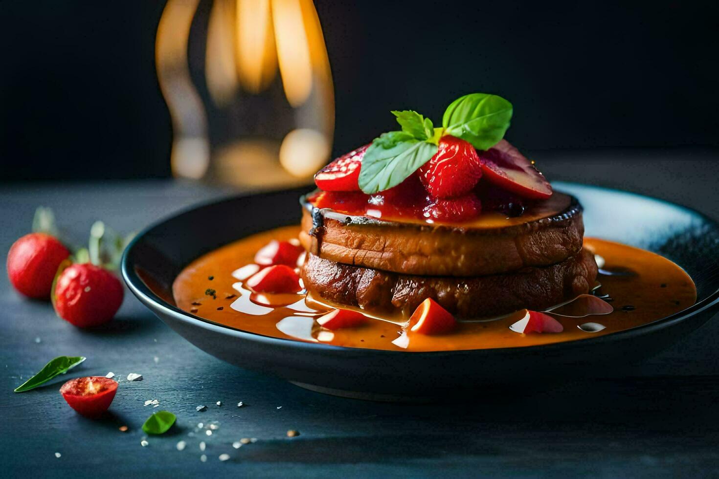 a plate with a strawberry and cheese cake on it. AI-Generated photo
