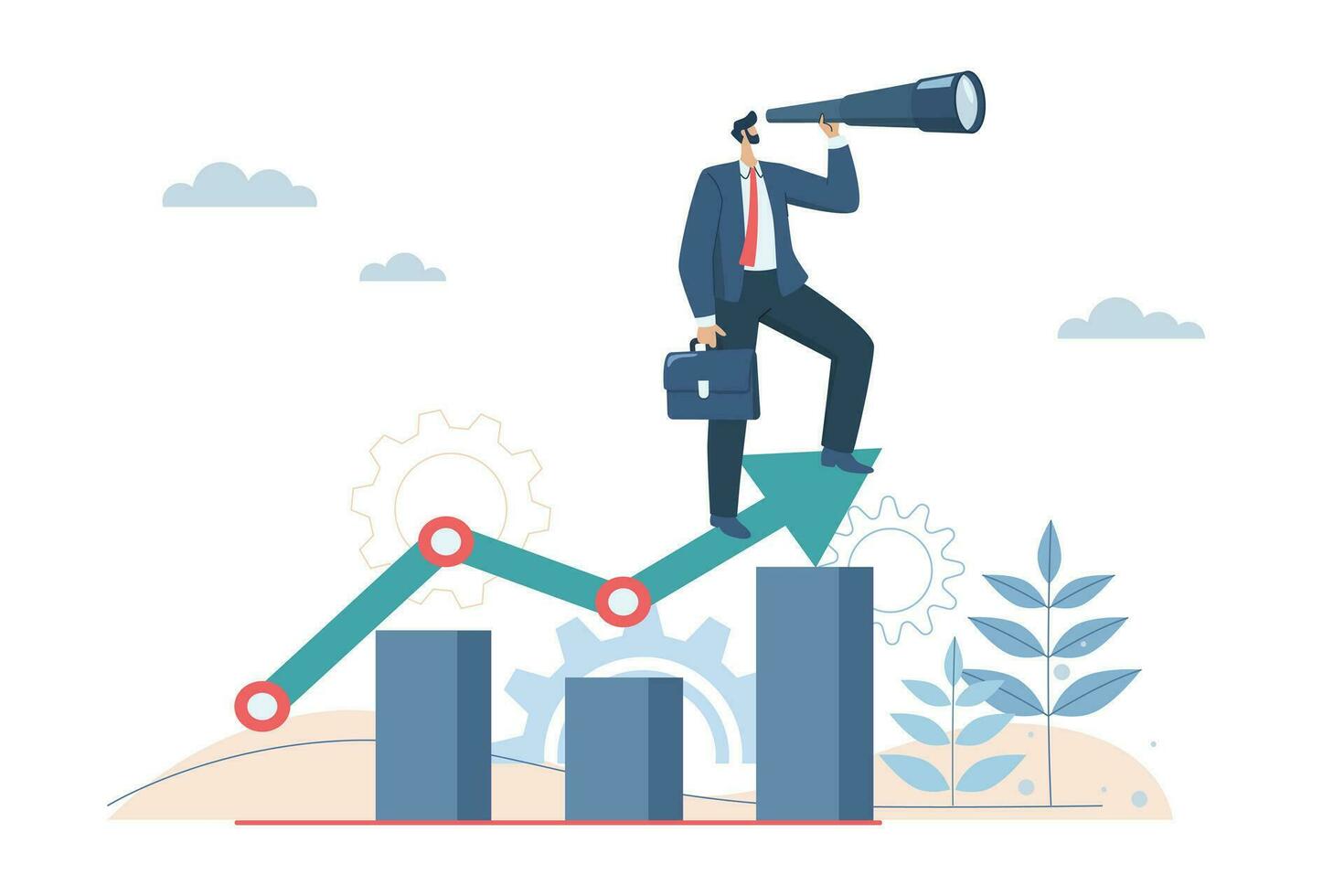 Business vision and goal setting, Investment and future market growth forecast, Path to develop investment returns, Businessman holding binoculars standing on arrows. Vector design illustration.