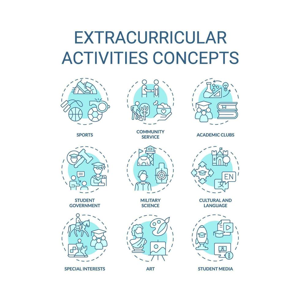 Collection of 2D editable blue thin line icons representing extracurricular activities, isolated simple vector, linear illustration. vector