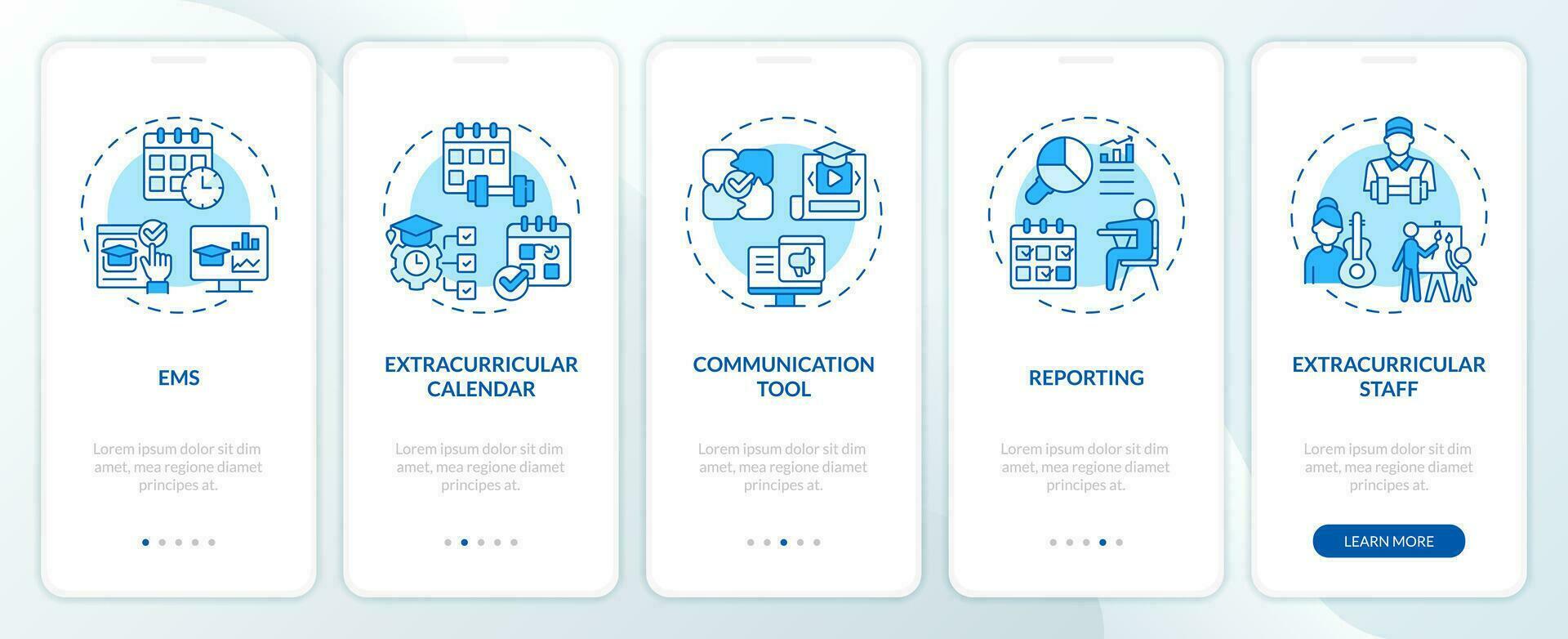 2D icons representing extracurricular management system mobile app screen set. Walkthrough 5 steps blue graphic instructions with line icons concept, UI, UX, GUI template. vector