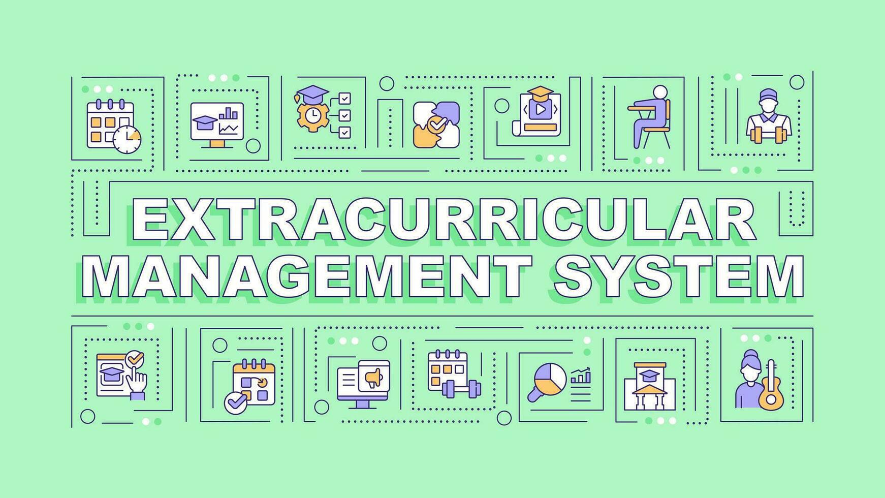 Extracurricular management system text with various thin line icons concept on green monochromatic background, editable 2D vector illustration.