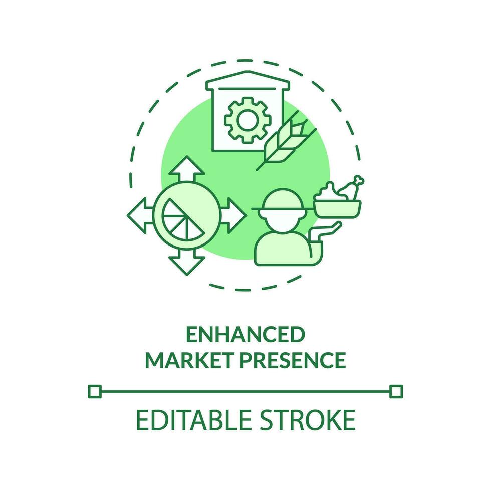2D editable green enhanced market presence icon, monochromatic isolated vector, thin line illustration representing agricultural clusters. vector