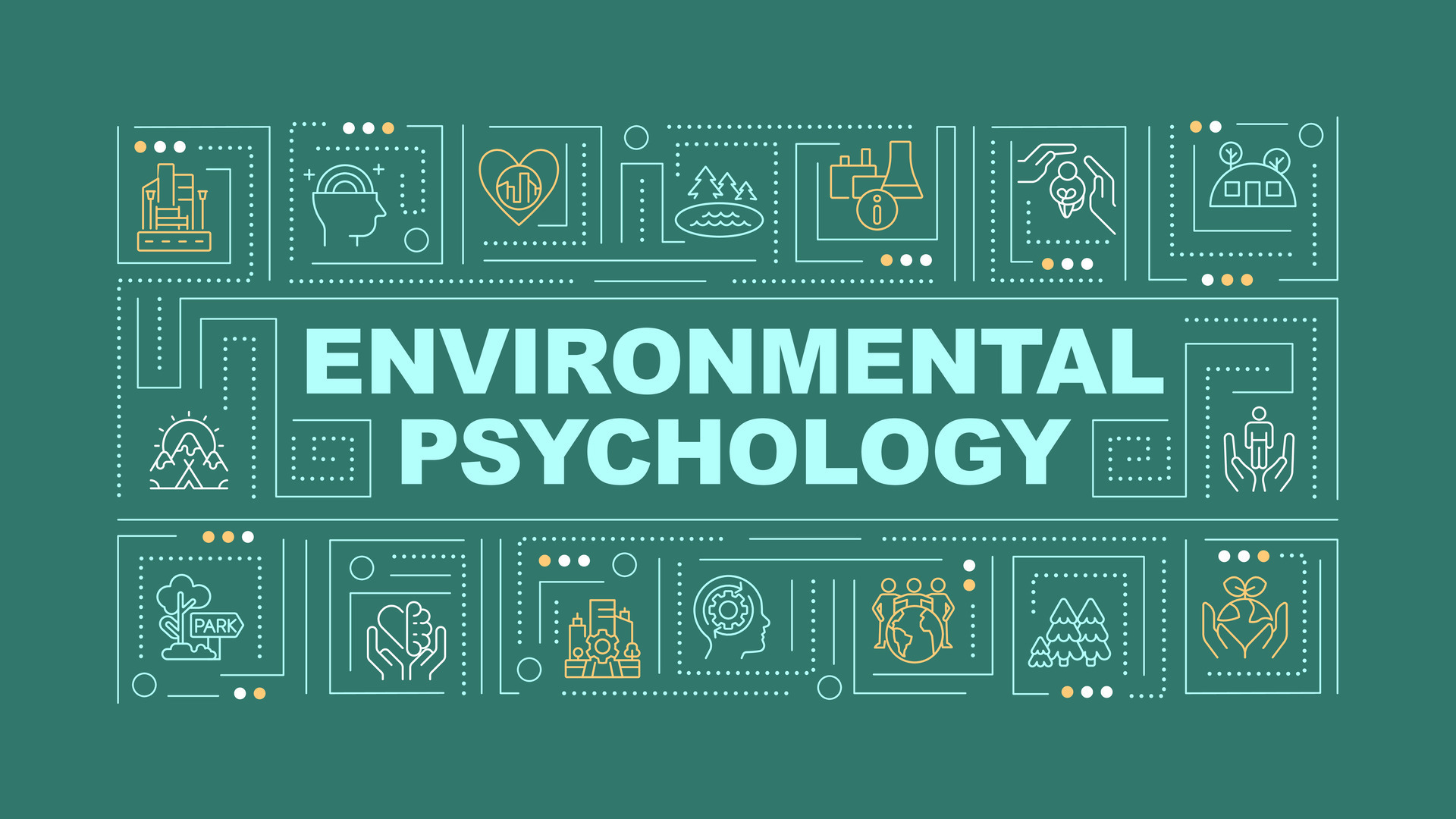 2D environmental psychology text with various thin line icons concept