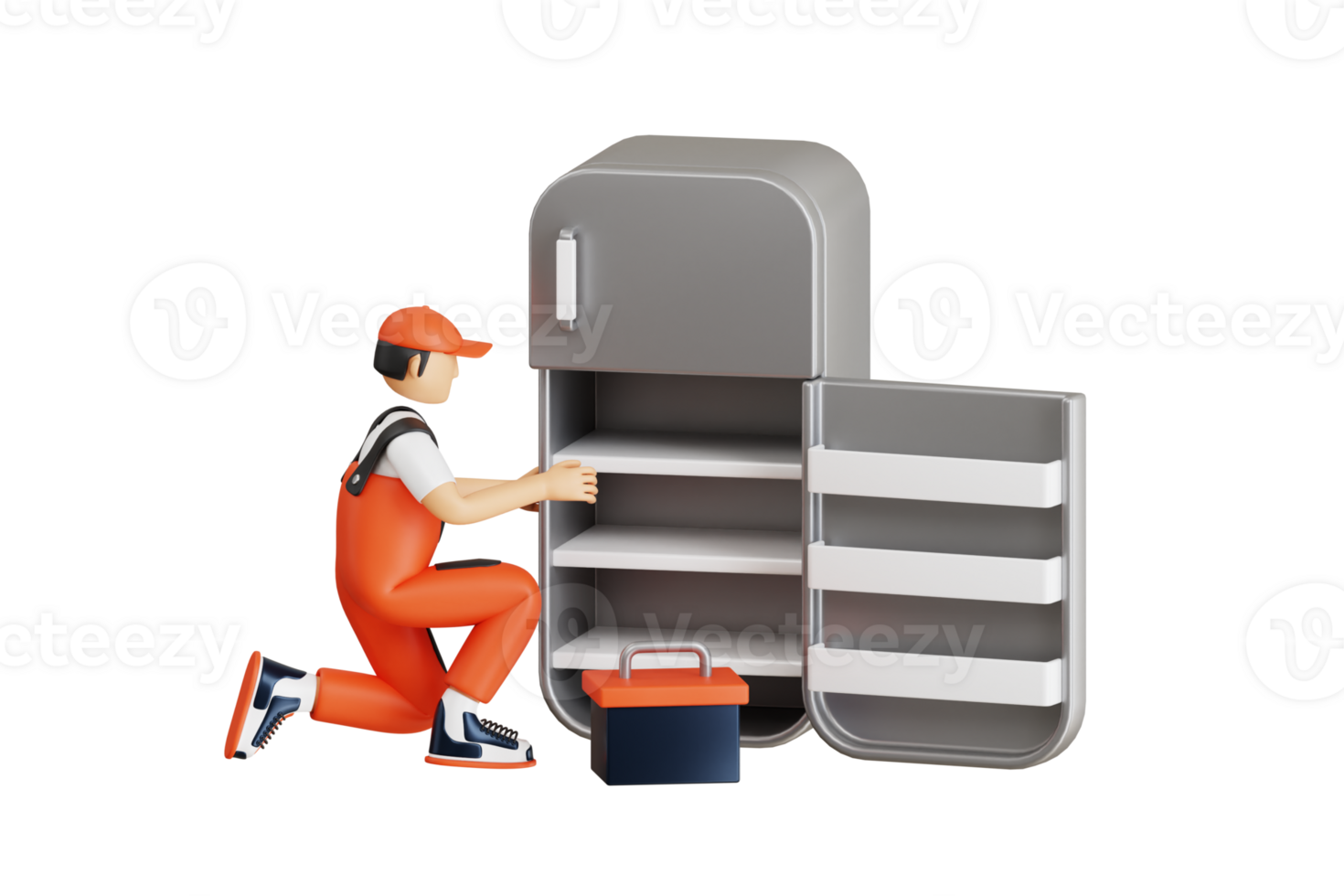 3d illustration of Technician repairing refrigerator. Refrigerator repair service 3d illustration png