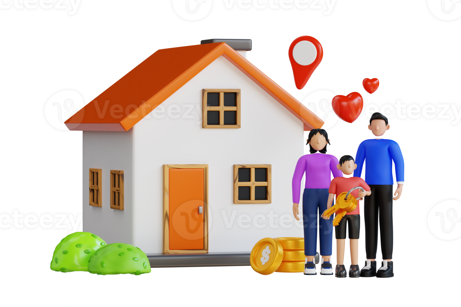 3d ilustración de familia en pie en frente de un nuevo casa. contento familia es tomando llaves desde su nuevo casa. 3d ilustración png