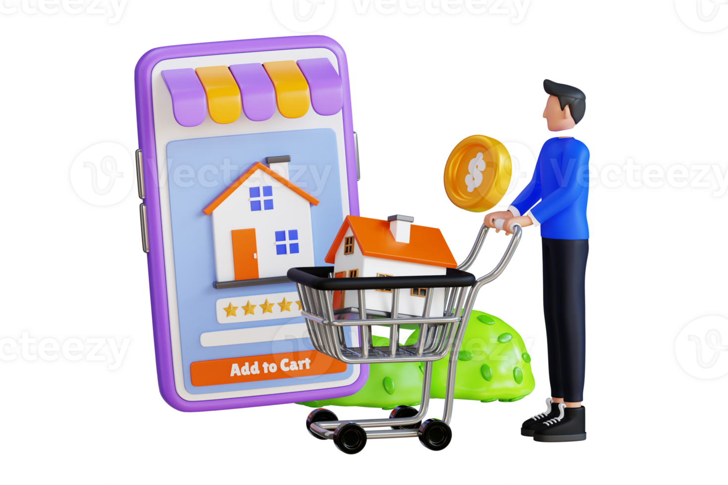 3d illustration of boy adds a house to her shopping cart. Man is buying house online 3d illustration png