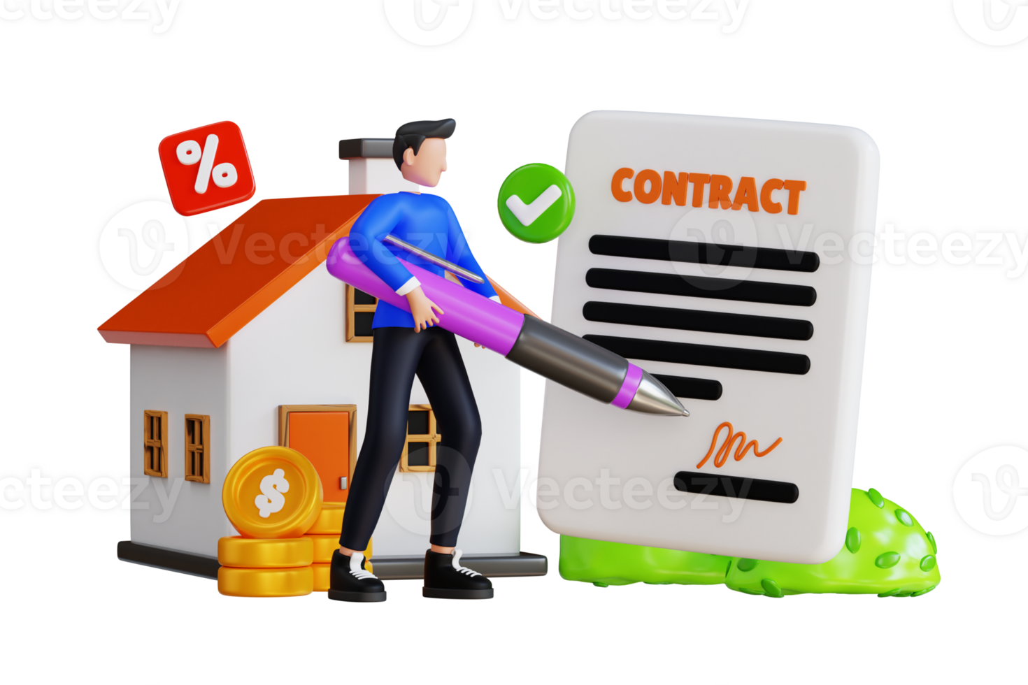 3d illustration of man sign contract after buying home. signing house contract 3d illustration png
