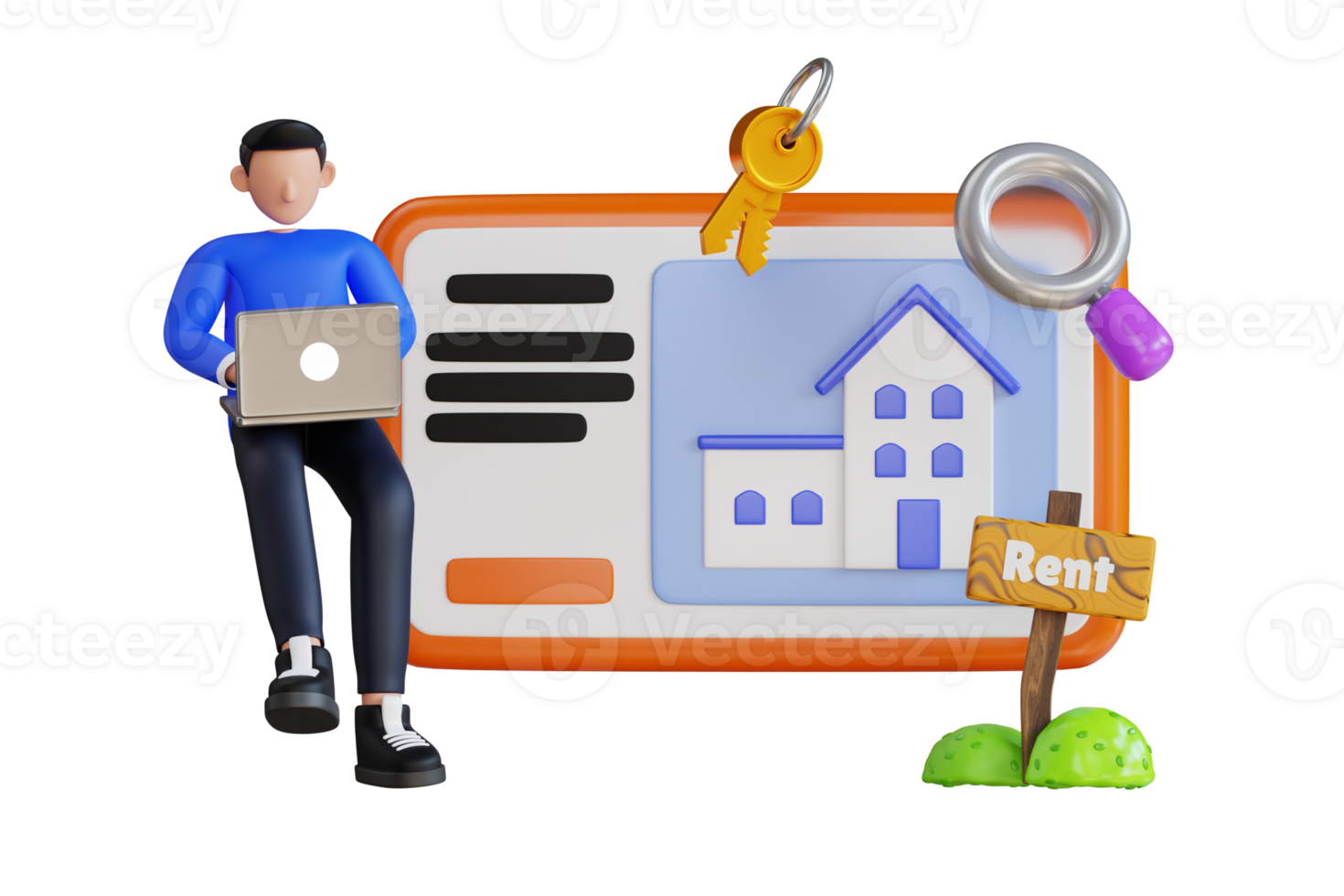 Boy searching house for rent 3d illustration. Search House online 3D Illustration png