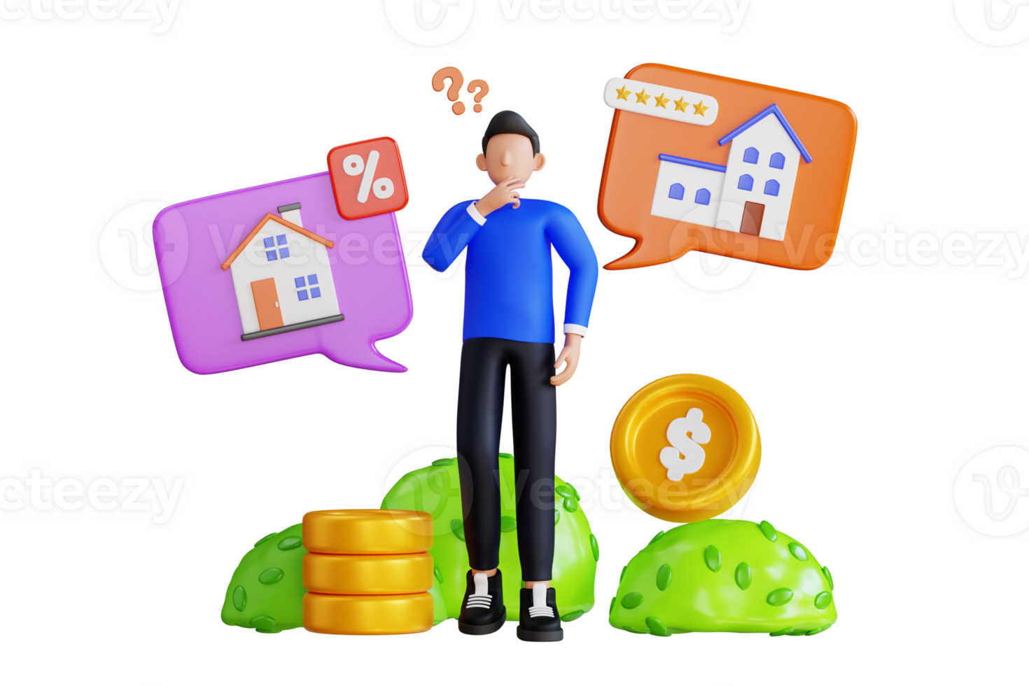 3d illustratie van Mens verward over kiezen een huis. een Mens verward en denken over kiezen huis. 3d illustratie png