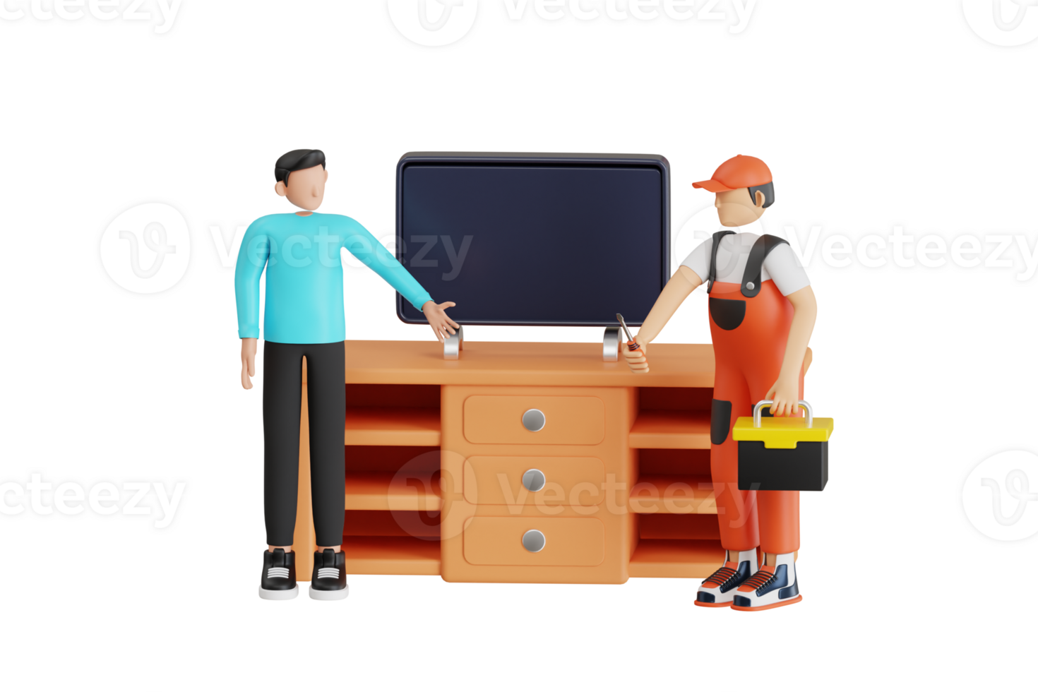 Engineer is repairing television 3d illustration. 3d illustration of technician repairing television png