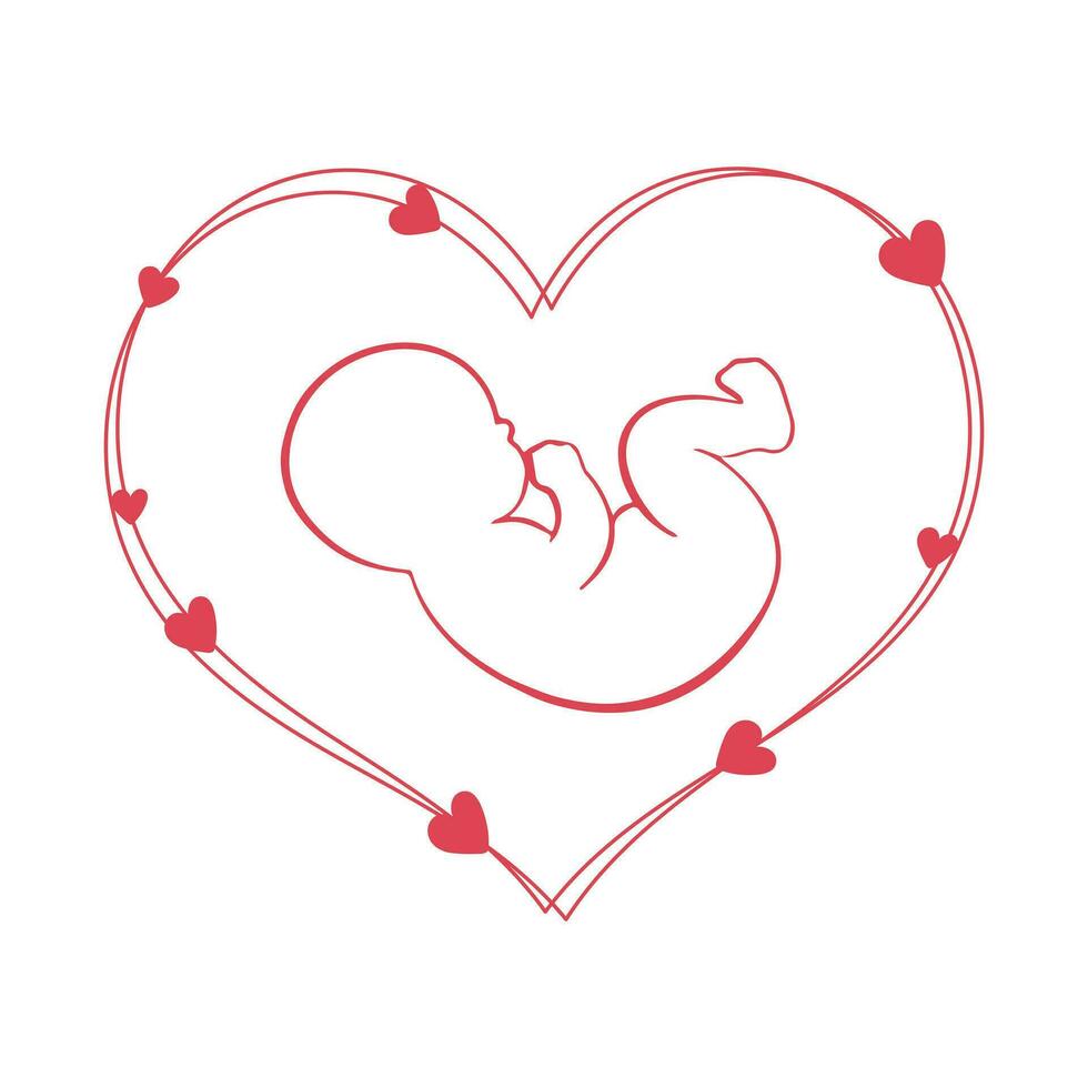 Drawing of a baby embryo in a heart with hearts around it. Newborn baby icon, postcard, vector