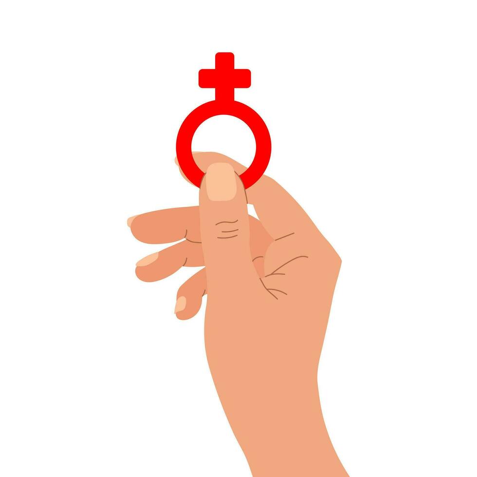 The hand holds a red female symbol. Gender sign of the feminine in hand. Illustration, vector