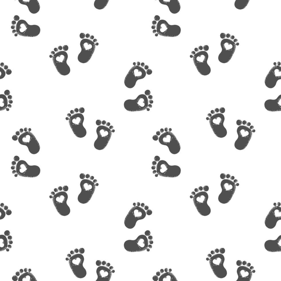 Seamless pattern, baby footprints with hearts on a white background. Background, print, textile, vector