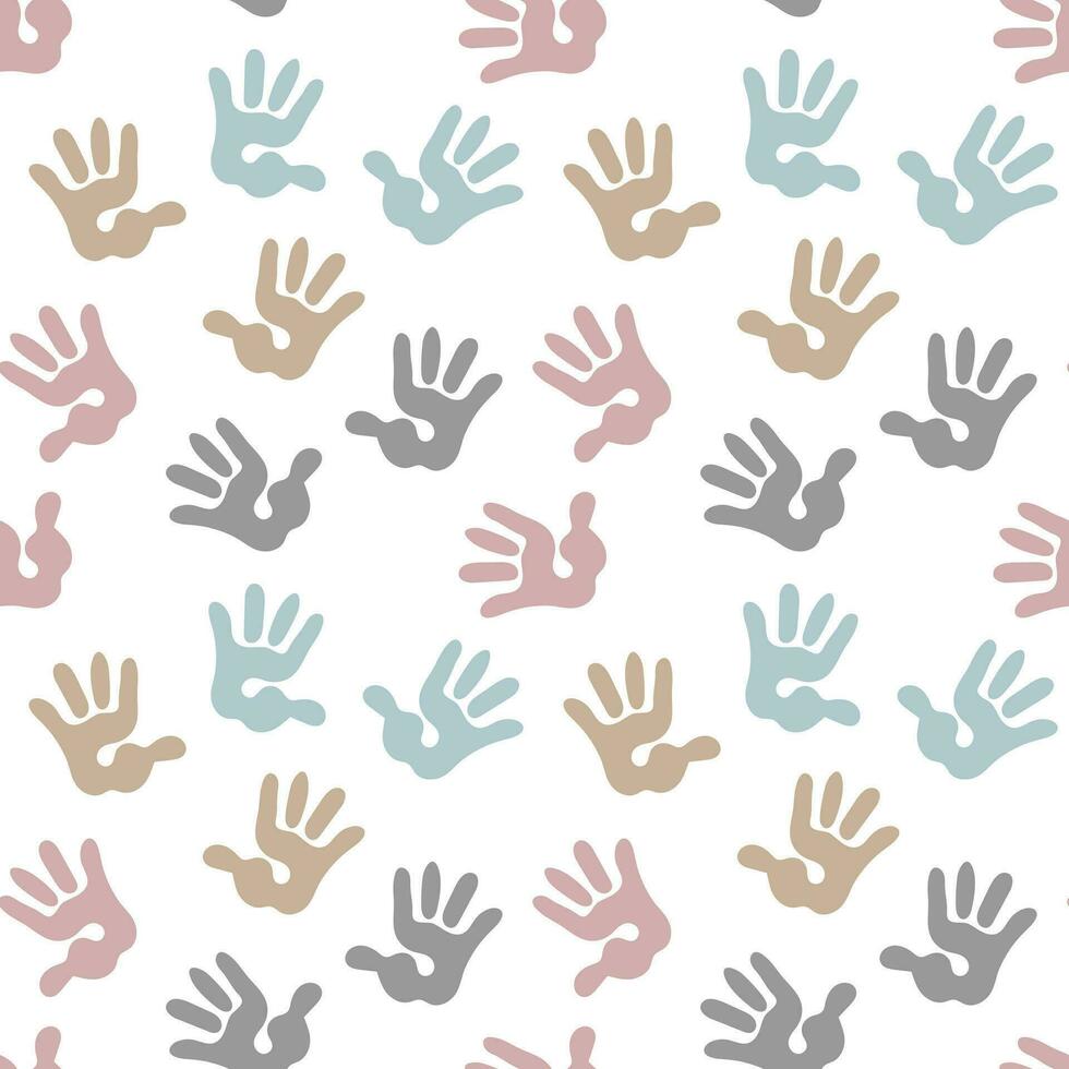 Seamless pattern, children's handprints on a white background. Background, print, textile, vector