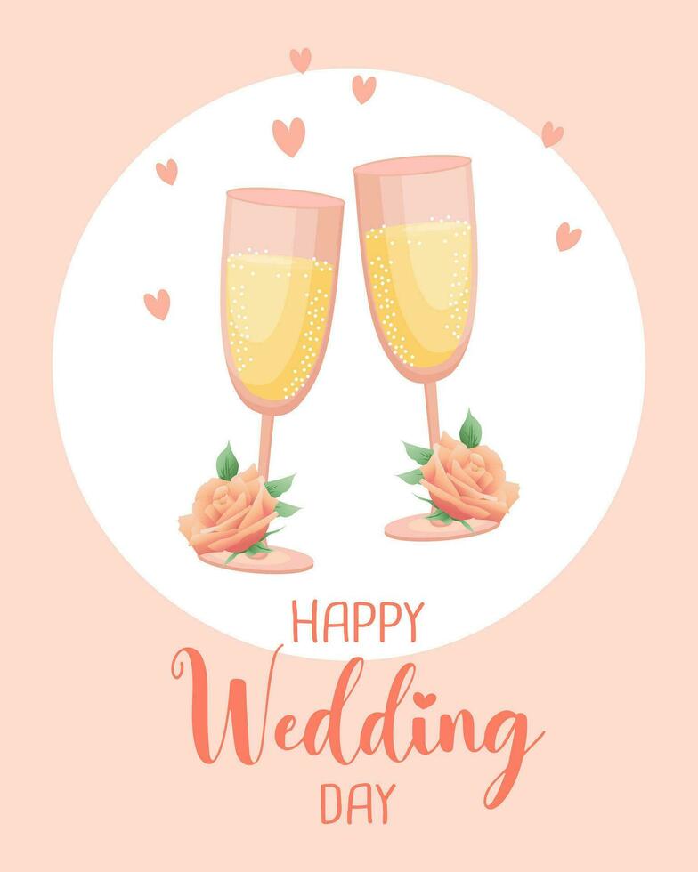 Wedding card. Glasses with champagne, flowers and hearts. Greeting template, invitation, vector