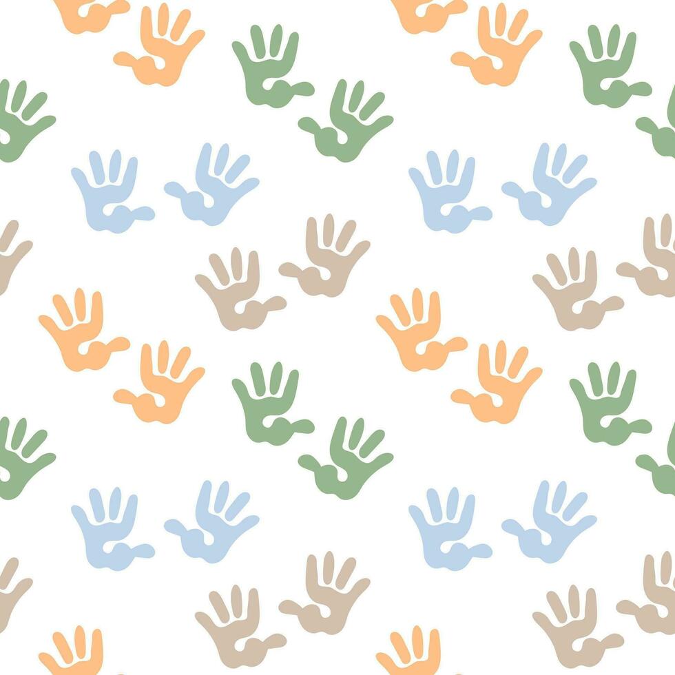 Seamless pattern, children's handprints on a white background. Background, print, textile, vector