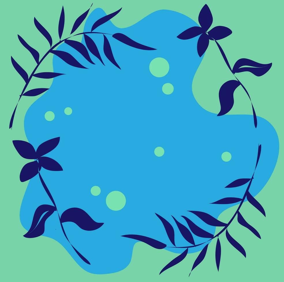 Vector frame in the form of a pattern of flowers and leaves arranged in a circle on a blue background