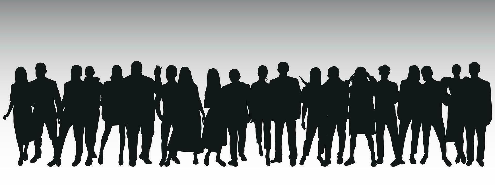 Black silhouette of young couples of guys and girls, crowd, group, team, band, isolated vector